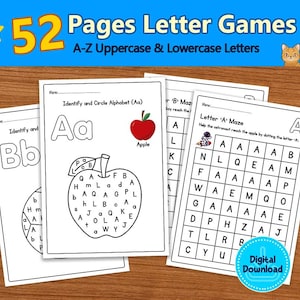 52 juegos de laberinto de letras, juegos de encontrar y rodear letras / juegos de rompecabezas de letras Juego de encontrar la letra del alfabeto Juego de rodear la letra para niños en edad preescolar