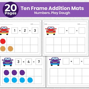 20 Pages Montessori Ten Frame Addition Activity, Math Learning, Kindergarten & 1st Grade, Ten Frame Addition Cards to 10, Play Dough Mat PDF
