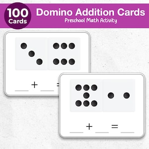 May include: Two white domino addition cards with black dots and math symbols. The cards have the text "100 Domino Addition Cards Preschool Math Activity" in a purple banner.