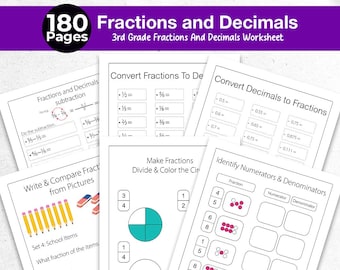 Fractions Decimals 3rd Grade Math Worksheets 180 Pages Grade 3 Fractions, Summer Workbook Math Worksheet 3rd Grade Learning Pack Math Book