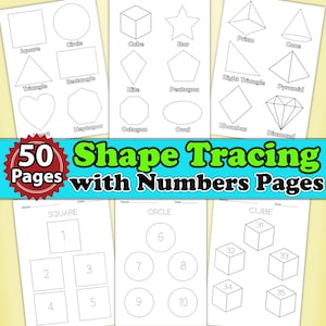 May include: A set of 50 printable worksheets for kids to practice tracing shapes and numbers. The worksheets feature a variety of shapes, including squares, circles, triangles, rectangles, kites, pentagons, heptagons, octagons, ovals, rhombuses, diamonds, prisms, cones, and pyramids. Each worksheet includes a dotted outline of the shape for the child to trace, along with numbers to count and trace.