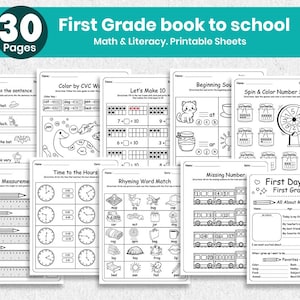 Puede incluir: Un conjunto de 30 hojas de trabajo imprimibles para primer grado, con ejercicios de matemáticas y alfabetización. Las páginas incluyen actividades como corrección de oraciones, colorear por código, decir la hora y emparejar palabras que riman. Las hojas de trabajo son en blanco y negro.