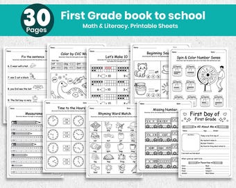 Hojas de trabajo imprimibles para el regreso a clases de primer grado (PDF) / Matemáticas, lectoescritura, fonética y escritura / Recursos para la educación en casa y el profesorado (descarga instantánea)