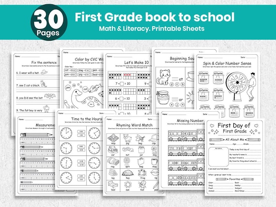 First Grade Back-to-School Worksheets Printable PDF | Math, Literacy, Phonics and Writing | Homeschool & Teacher Resource Instant Download