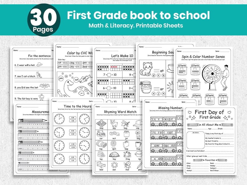 Printable back-to-school worksheet bundle for first graders featuring literacy, phonics, math, and writing review pages. Includes “Welcome to First Grade” coloring sheets, name tracing, number word charts, and writing prompts. Designed to make the start of school fun and low-prep. Perfect for homeschool, classroom centers, or first-day activities. Delivered as high-quality A4/8.5×11″ PDF for instant download and printing.