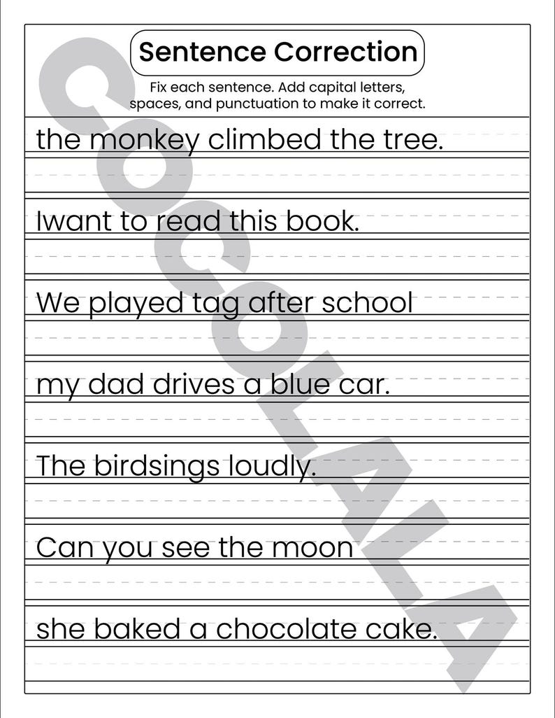 "Sentence Correction Worksheets" cover featuring a dog and cat illustration. Preview pages show sentences like "i like to play outside" and "The catis sleeping" with designated lines for students to rewrite them correctly. The design is clean and professional with intentional white space on both sides for a balanced look. The black-and-white printable layout is clear and easy to read, shown as a professional 8.5x11 inch PDF format.