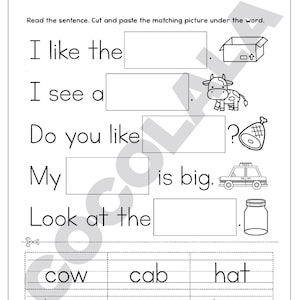 May include: A worksheet for early readers features sentences with blank spaces for matching pictures. The sentences include "I like the", "I see a", "Do you like", "My is big", and "Look at the". Below are the words and pictures to match.