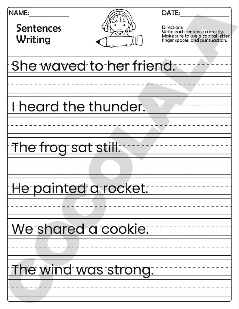 Printable sentence writing worksheets for 1st to 3rd grade students. Includes 50 pages with picture prompts and guided lines to help kids practice writing complete sentences. Supports grammar, punctuation, handwriting, and early composition skills. Great for homeschool, ELA classrooms, or writing centers. Delivered as a digital PDF in A4 and US Letter sizes for easy printing.