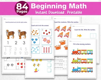 84 Beginning Math Worksheets for Preschoolers - Counting Workbook PDF, Number Tracing & Matching Worksheets, Kids Math Printable, Homeschool