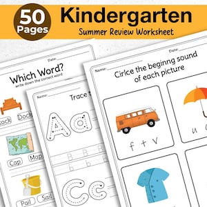 Puede incluir: Un conjunto de hojas de trabajo de repaso de verano para niños de jardín de infancia. Las hojas de trabajo incluyen el trazado de letras, la correspondencia de palabras con imágenes y la identificación de sonidos iniciales. La portada dice "50 Pages Kindergarten Summer Review Worksheet."