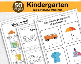 Kindergarten Summer Review Worksheets | Printable Learning Packet | Math Literacy Activities | Homeschool | Teacher Resource