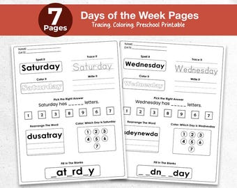 Days of the Week Worksheets - Preschool and Kindergarten Tracing, Writing & Learning Activities - Printable Learning Pack Instant Download