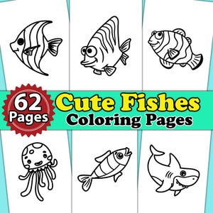 Cute Fishes 62 Coloring Pages for Kids | Fish Coloring Pages for Kids | Printable Children&#39;s Sea Fish Coloring Pages | Kids Birthday Gifts