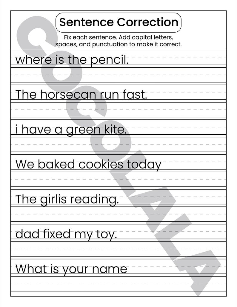 "Sentence Correction Worksheets" cover featuring a dog and cat illustration. Preview pages show sentences like "i like to play outside" and "The catis sleeping" with designated lines for students to rewrite them correctly. The design is clean and professional with intentional white space on both sides for a balanced look. The black-and-white printable layout is clear and easy to read, shown as a professional 8.5x11 inch PDF format.
