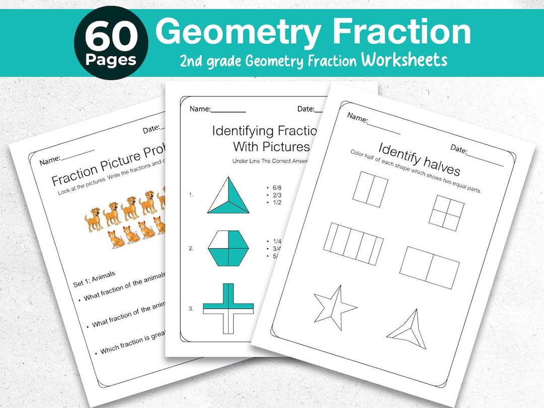 Geometry Fractions Math 2nd Grade Worksheets 60 Pages | Summer Workbook ...