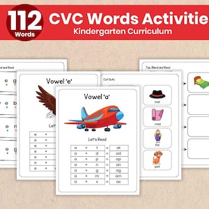 May include: A set of educational CVC word activities for kindergarten. The image displays white cards with colourful illustrations and text. The cards feature words like "leg", "web", and "fen", along with vowel exercises and cut-out activities. The title reads "112 CVC Words Activities".