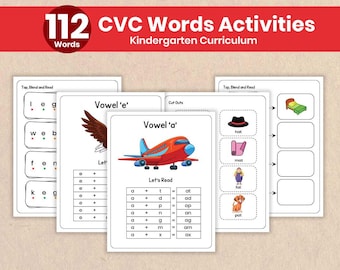 112 CVC Words Worksheets Printable, Learn to Read Short Vowels, Kindergarten Curriculum, Phonics CVC Object, Montessori, Toddlers Activities