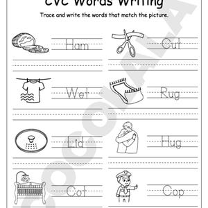 CVC Word Worksheets Printable for kindergarten and first grade includes over 30 pages of short vowel activities. Children will trace, match, spell, and write simple CVC words using fun illustrations and phonics-based exercises. Perfect for early reading, phonemic awareness, and spelling practice in homeschool or classroom settings. Includes all vowel sounds (a, e, i, o, u) in one downloadable high-resolution PDF file for A4 or US Letter print size.