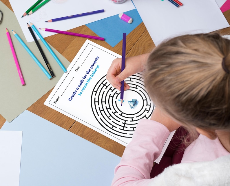 May include: A black and white printable maze activity featuring a penguin and an iceberg. The text reads "Create a path for the penguin to reach the iceberg!"