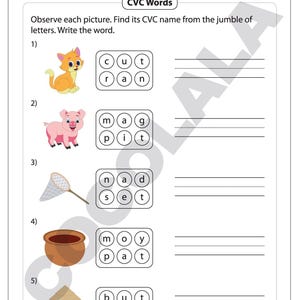 May include: A worksheet for early learners with the title "CVC Words." It features illustrations of a cat, pig, net, pot, and house, each paired with letter jumbles for word formation. Lines are provided for writing the answers.