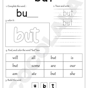 Bundle of printable sight word resources including 100 Fry First sight words, 103 sight words, Build the Word activities, Sight Word Dab pages, and 50 Sight Words Practice worksheets. Designed for PreK to Grade 1 literacy development. Combines tracing, dot marker, writing, matching, and building formats for diverse practice. High-quality PDF download for immediate printing and use in classrooms or home learning.