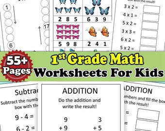 May include: A collection of 1st Grade Math Worksheets For Kids. The worksheets include counting, addition, subtraction, and multiplication problems. The pages feature colorful illustrations of butterflies and other graphics.