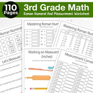 Hojas de trabajo de matemáticas de tercer grado sobre números romanos y medidas, 110 páginas, cuaderno de verano de medidas de tercer grado, hoja de trabajo de matemáticas