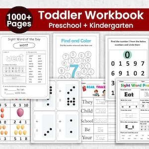 Printable Toddler Worksheets Learning Bundle includes over 100 pages of engaging activities for preschool and kindergarten children. Features alphabet tracing, numbers, sight words, math, patterns, coloring, and fine motor skills exercises. Designed for early learning at home or school, this instant PDF download provides fun and foundational education for toddlers. Print on A4 or 8.5 x 11" paper and reuse unlimited times for practice and play.