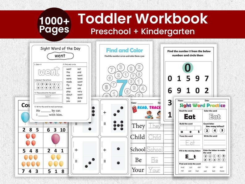 Printable Toddler Worksheets Learning Bundle includes over 100 pages of engaging activities for preschool and kindergarten children. Features alphabet tracing, numbers, sight words, math, patterns, coloring, and fine motor skills exercises. Designed for early learning at home or school, this instant PDF download provides fun and foundational education for toddlers. Print on A4 or 8.5 x 11" paper and reuse unlimited times for practice and play.