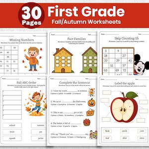 First Grade Fall Theme Worksheets Printable | Autumn Math & Literacy Pack for Kids | Teacher Resources | Instant Download PDF