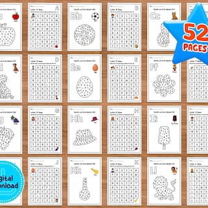 May include: A set of 52 printable alphabet worksheets for kids. Each worksheet features a letter of the alphabet, a picture, and a word search puzzle. The worksheets are black and white and designed to help children learn the alphabet and improve their fine motor skills.