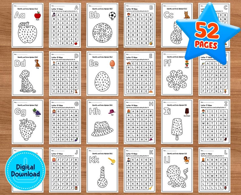 May include: A set of 52 printable alphabet worksheets for kids. Each worksheet features a letter of the alphabet, a picture, and a word search puzzle. The worksheets are black and white and designed to help children learn the alphabet and improve their fine motor skills.