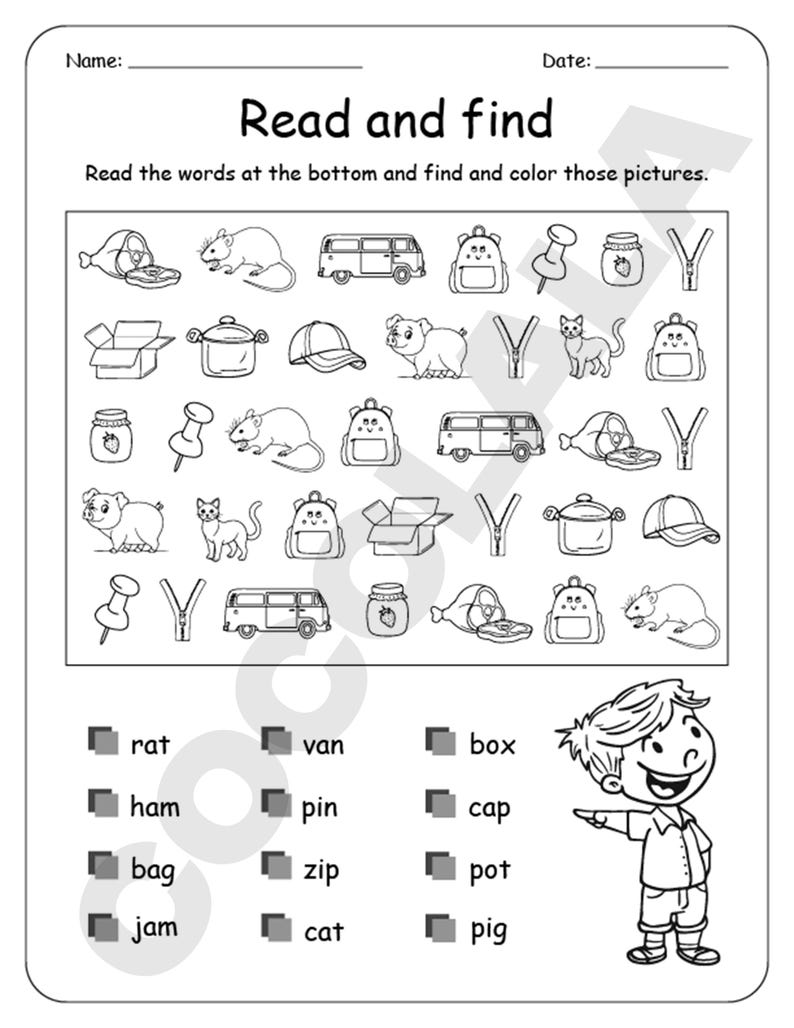 CVC Word Worksheets Printable for kindergarten and first grade includes over 30 pages of short vowel activities. Children will trace, match, spell, and write simple CVC words using fun illustrations and phonics-based exercises. Perfect for early reading, phonemic awareness, and spelling practice in homeschool or classroom settings. Includes all vowel sounds (a, e, i, o, u) in one downloadable high-resolution PDF file for A4 or US Letter print size.