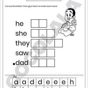 Printable Build the Word Sight Word Worksheet for Preschool and Kindergarten. Kids cut out letters and paste them to spell words like ten, give, bed, and because. Great for early literacy, phonics, spelling, and fine motor skills. Fun cut-and-paste sight word activity for classroom or homeschool. Part of a 30-page printable learning pack. Black and white worksheet for easy printing