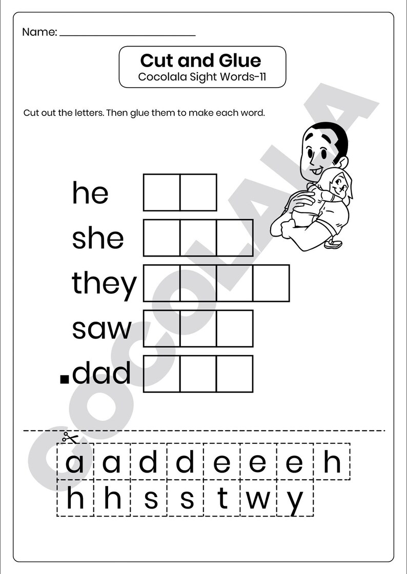 Printable Build the Word Sight Word Worksheet for Preschool and Kindergarten. Kids cut out letters and paste them to spell words like ten, give, bed, and because. Great for early literacy, phonics, spelling, and fine motor skills. Fun cut-and-paste sight word activity for classroom or homeschool. Part of a 30-page printable learning pack. Black and white worksheet for easy printing