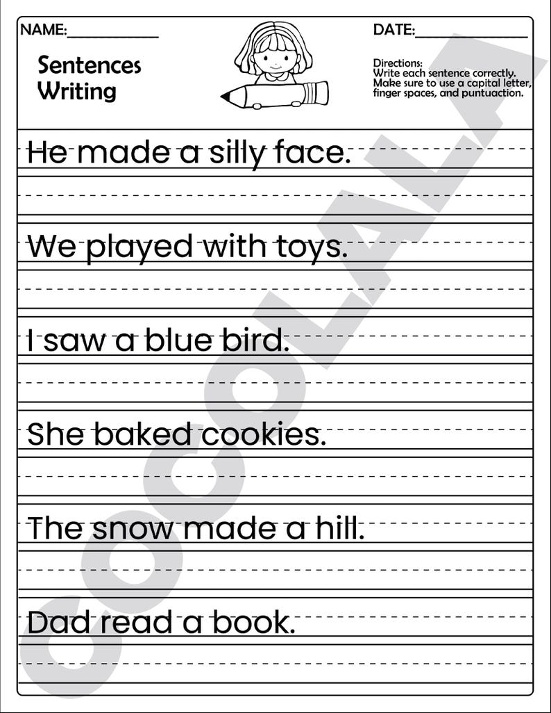 Printable sentence writing worksheets for 1st to 3rd grade students. Includes 50 pages with picture prompts and guided lines to help kids practice writing complete sentences. Supports grammar, punctuation, handwriting, and early composition skills. Great for homeschool, ELA classrooms, or writing centers. Delivered as a digital PDF in A4 and US Letter sizes for easy printing.