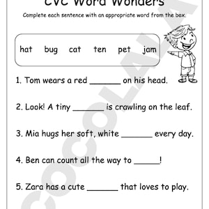 CVC Word Worksheets Printable for kindergarten and first grade includes over 30 pages of short vowel activities. Children will trace, match, spell, and write simple CVC words using fun illustrations and phonics-based exercises. Perfect for early reading, phonemic awareness, and spelling practice in homeschool or classroom settings. Includes all vowel sounds (a, e, i, o, u) in one downloadable high-resolution PDF file for A4 or US Letter print size.