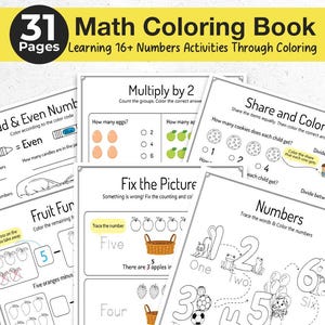 May include: A 31-page math coloring book featuring educational activities for learning numbers. The pages include exercises like Odd & Even Numbers, Multiply by 2, Share and Color, Fruit Fun, and tracing numbers with illustrations of fruits and animals.