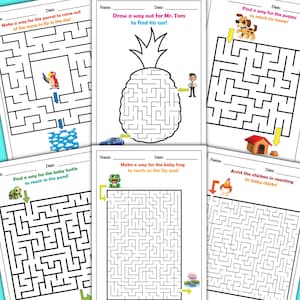 May include: A set of six black and white maze activity sheets for kids. Each sheet features a different animal or character, including a parrot, a turtle, a pineapple, a puppy, a frog, and a chicken. The instructions for each maze are printed at the top of the sheet.