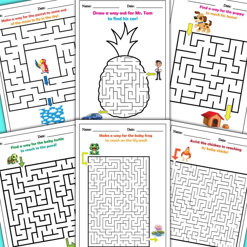 May include: A set of six black and white maze activity sheets for kids. Each sheet features a different animal or character, including a parrot, a turtle, a pineapple, a puppy, a frog, and a chicken. The instructions for each maze are printed at the top of the sheet.