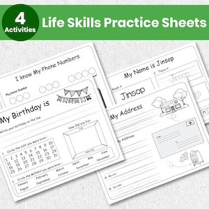 May include: Four white life skills practice sheets with the text "Life Skills Practice Sheets" and "4 Activities". The sheets include prompts for phone numbers, birthdays, names, and addresses.