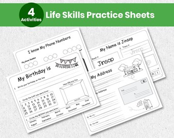 4 Life Skills Practice Sheets Printable - Kids Name Phone Number Address Birthday - Toddler Busy Binder, Preschool Kindergarten Curriculum