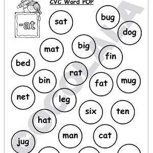 May include: Black and white CVC Word POP worksheet with circles containing words like 'sat', 'mat', and 'hat'. The worksheet includes the text '-at' and the title 'CVC Word POP'.