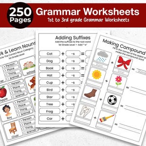 Könnte beinhalten: Drei pädagogische Grammatik-Arbeitsblätter für Schüler der 1. bis 3. Klasse. Die Seiten enthalten Übungen mit den Titeln Mark & Learn Nouns, Adding Suffixes und Making Compound Words, inklusive Illustrationen von Lehrer, Apfel, Junge, Stuhl.