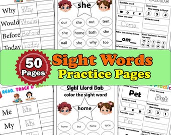 50 Sight Words Practice Pages, Printable Kindergarten Sight Words Worksheets, Preschool Activity Pages, Fry First Hundred Sight Word Work