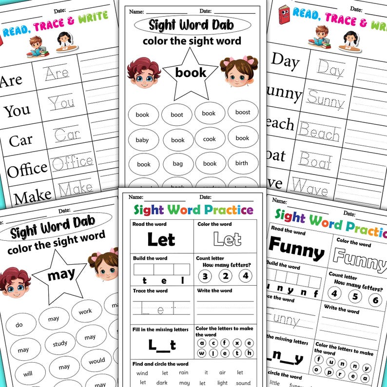 50 Sight Words Practice Pages, Printable Kindergarten Sight Words ...