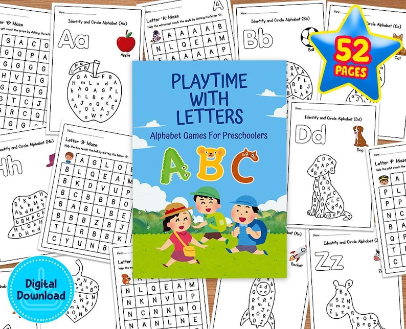 May include: A colorful printable workbook with 52 pages of alphabet games for preschoolers. The cover features a blue, green, and yellow background with the letters A, B, and C in large, colorful letters. Two children are walking along a path in the background.