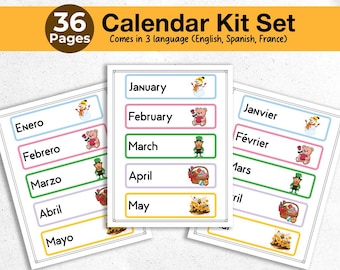 Classroom Calendar Kit Printable Trilingual | Months, Days, Seasons, Weather & Date Cards | Pocket Chart Calendar | Homeschool PDF