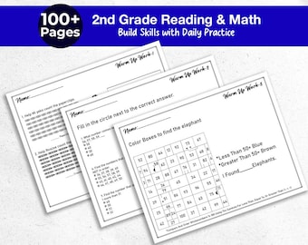 May include: A stack of three worksheets for 2nd-grade reading and math practice. The worksheets are white with black text and include math problems and reading comprehension exercises. The top of the image has the text "100+ Pages" and "2nd Grade Reading & Math".