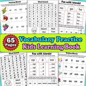 Pode incluir: Um livro colorido de prática de vocabulário para crianças com 65 páginas. O livro apresenta caça-palavras, exercícios de preenchimento e atividades para aprender combinações. A capa exibe o título "Vocabulary Practice Kids Learning Book."
